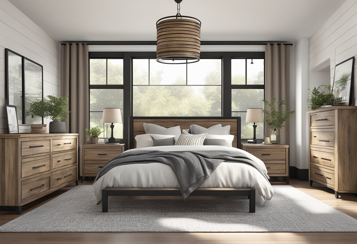 A cozy bedroom with a shiplap accent wall, a distressed wood bed frame, neutral bedding, and black metal light fixtures