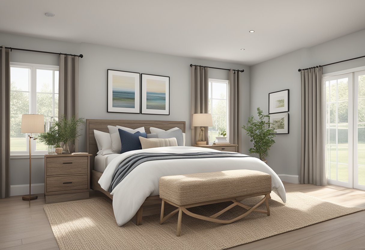 A cozy modern farmhouse bedroom with a textured linen duvet, weathered wood nightstands, and a woven jute rug