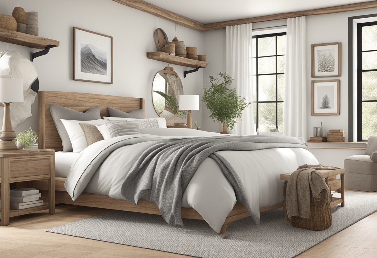 A cozy bedroom with neutral tones, natural textures, and rustic accents. A mix of whites, grays, and warm wood creates a modern farmhouse feel