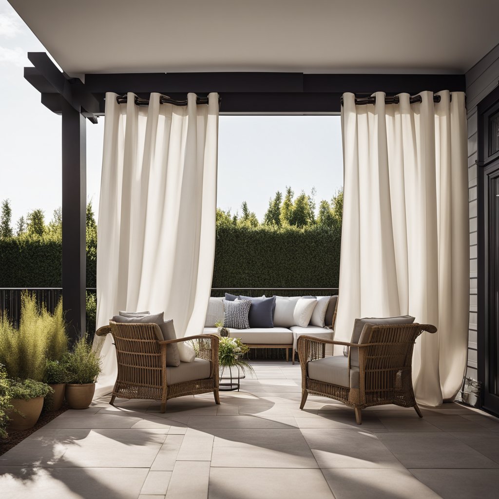 A cozy patio with weatherproof curtains billowing in the breeze, providing privacy and style to the outdoor space