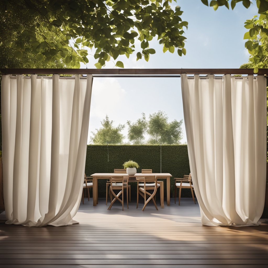 A cozy patio with stylish, weatherproof curtains billowing in the breeze, providing privacy and enhancing the outdoor space