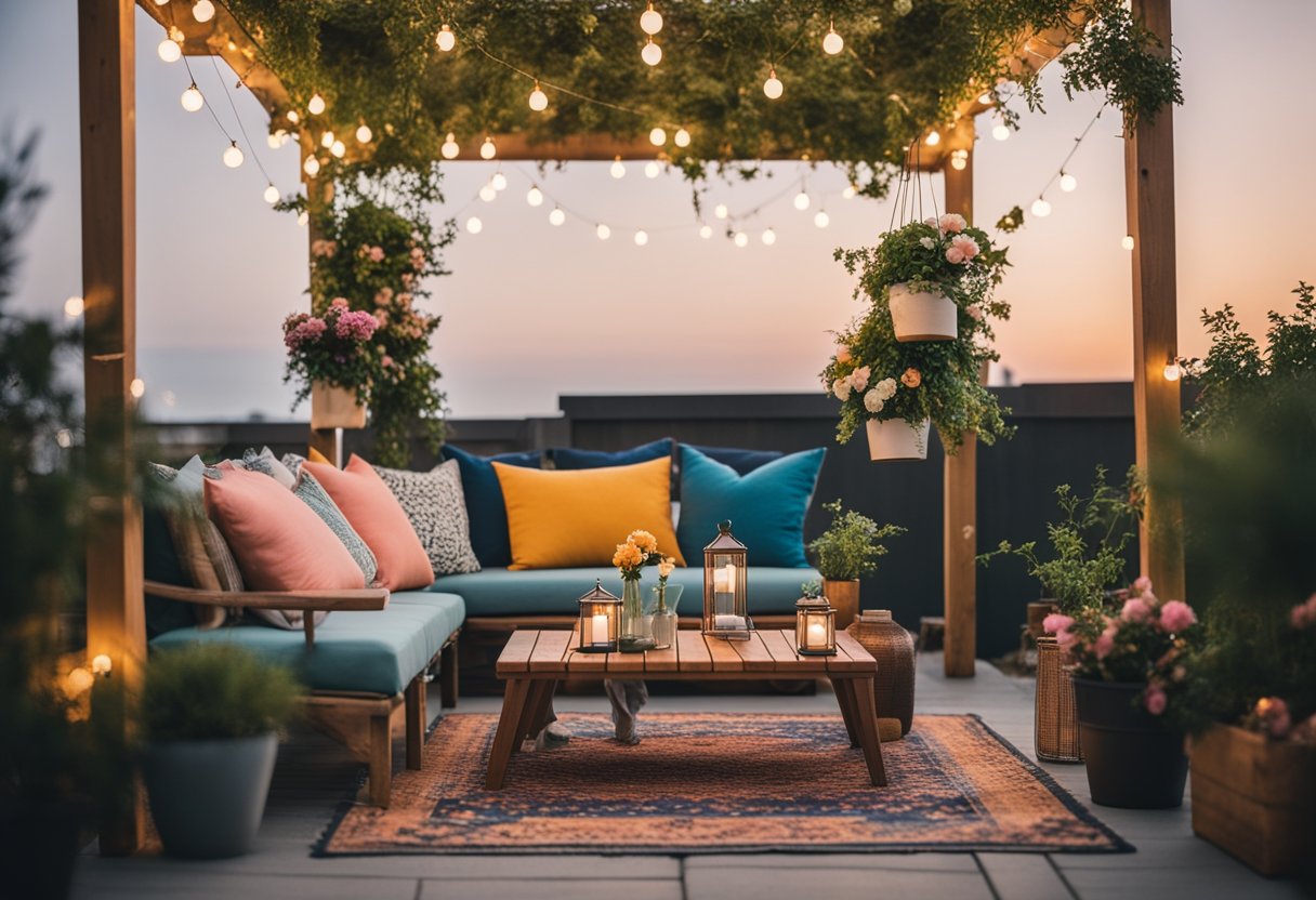 A pergola adorned with hanging plants, string lights, colorful cushions, a cozy rug, and a small table with a vase of fresh flowers