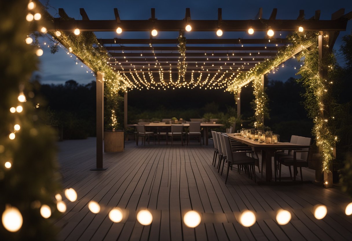 A pergola adorned with string lights, creating a warm and inviting ambiance