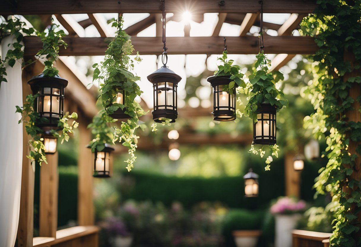 Lush green vines winding around a wooden pergola, adorned with hanging baskets, lanterns, and wind chimes, creating a serene and natural outdoor space