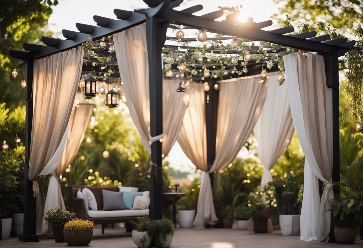 A fabric canopy drapes over a pergola, adorned with decorative items such as hanging lanterns, potted plants, and string lights