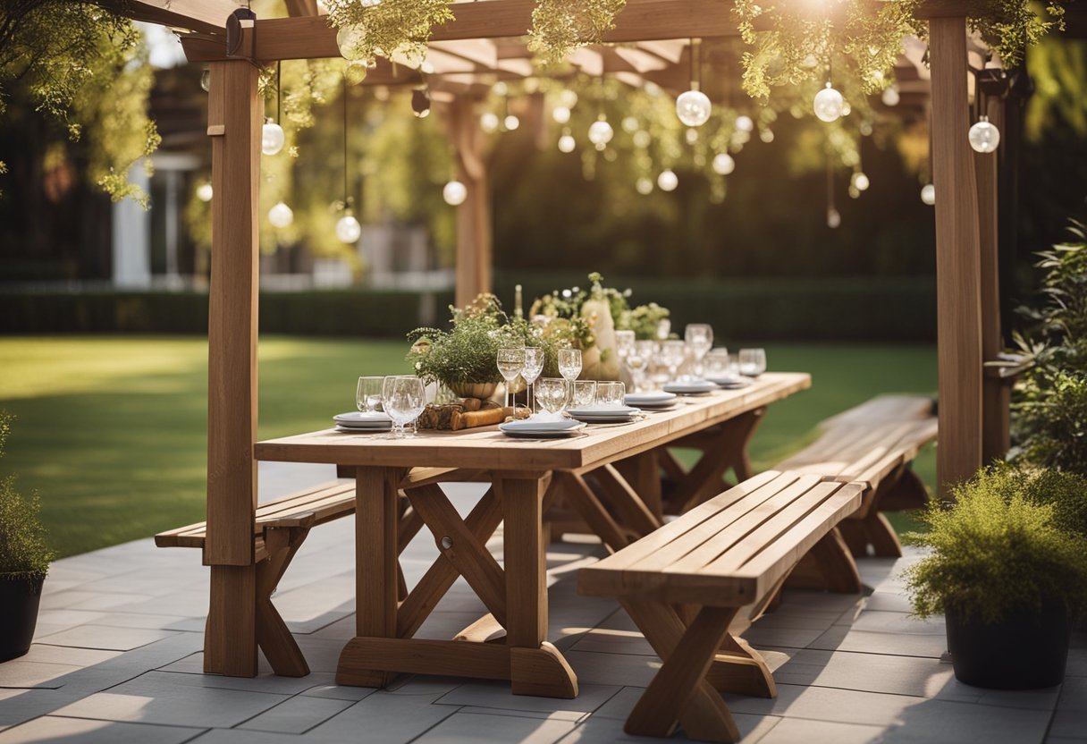 A wooden dining set surrounded by 10 decorative items for a pergola