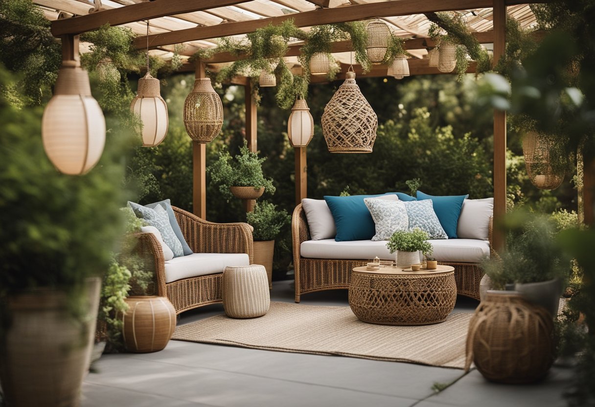 A wicker furniture set arranged under a pergola with decorative items such as cushions, lanterns, and potted plants