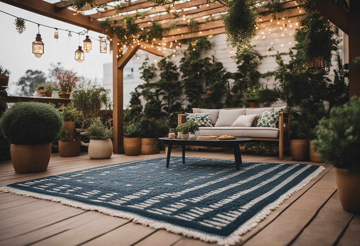 A cozy outdoor rug sits beneath a pergola, surrounded by potted plants, lanterns, and comfortable seating