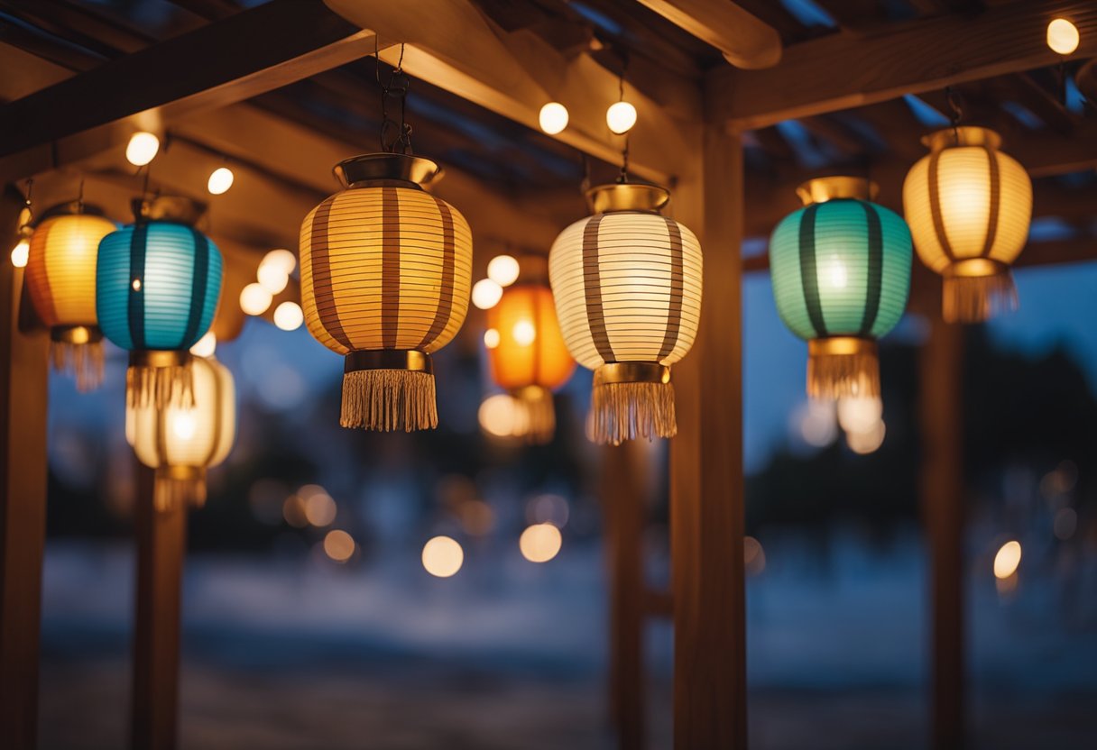 Colorful lanterns hanging from a pergola, casting a warm glow in the evening