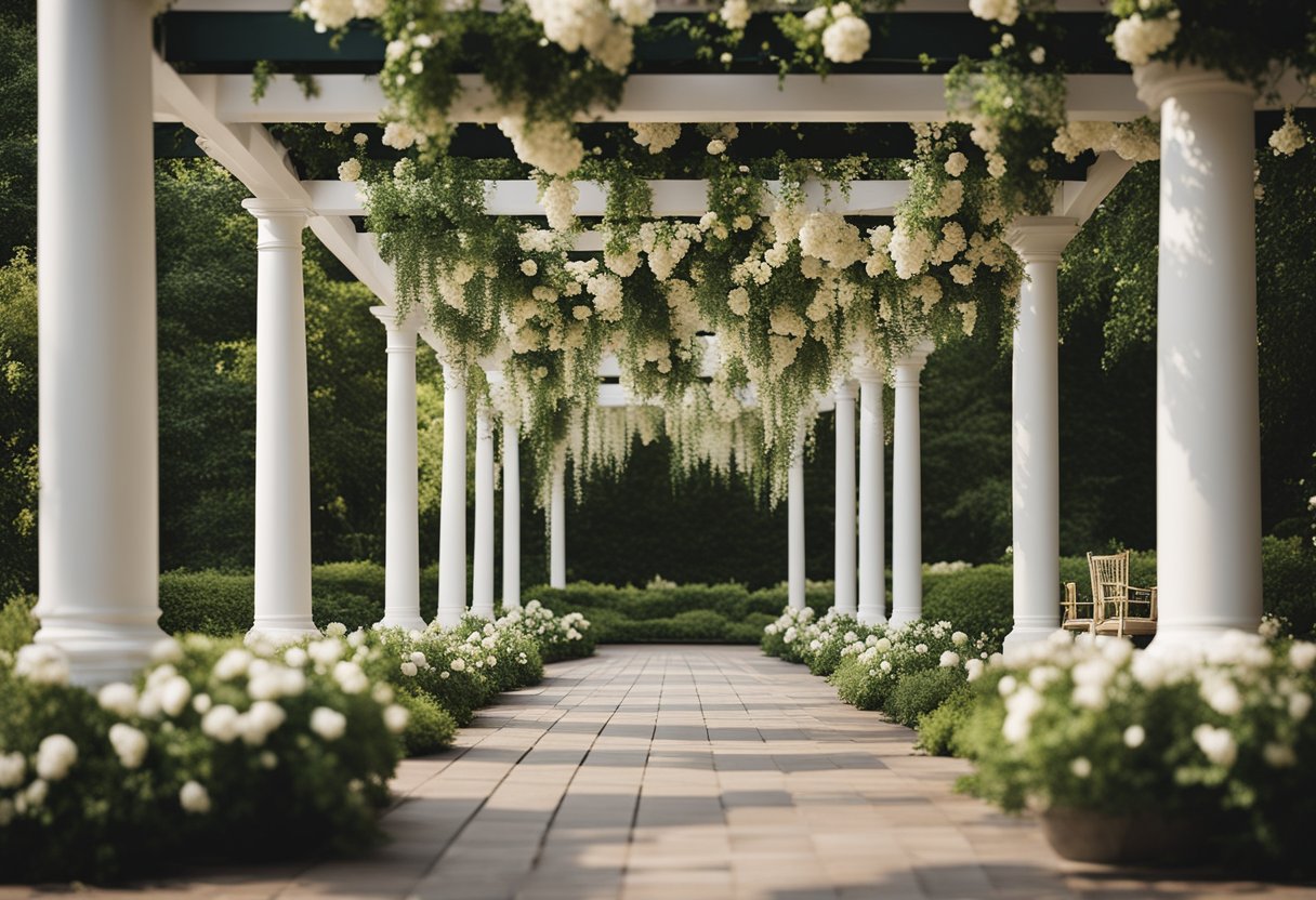 A pergola with billowing white curtains, surrounded by lush greenery and blooming flowers