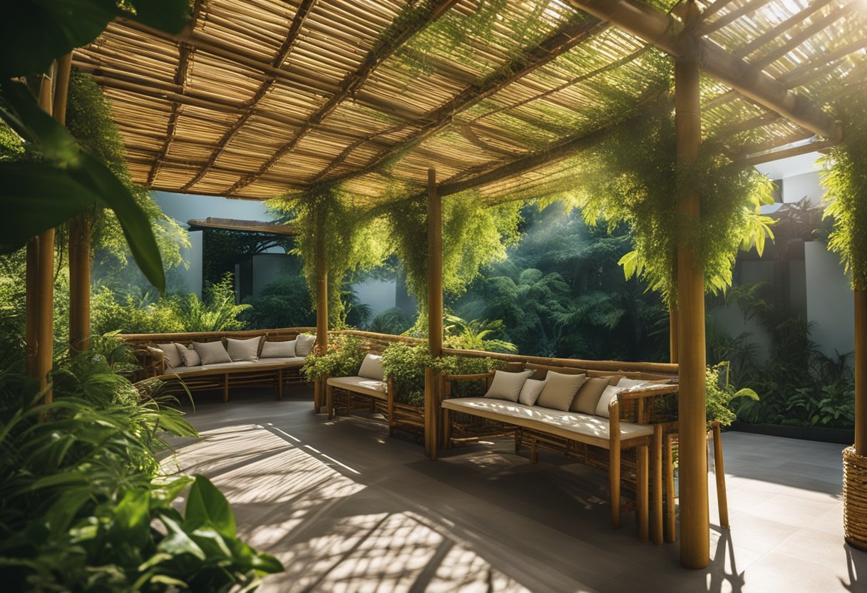 A pergola adorned with bamboo shades, surrounded by lush greenery and dappled sunlight filtering through the leaves