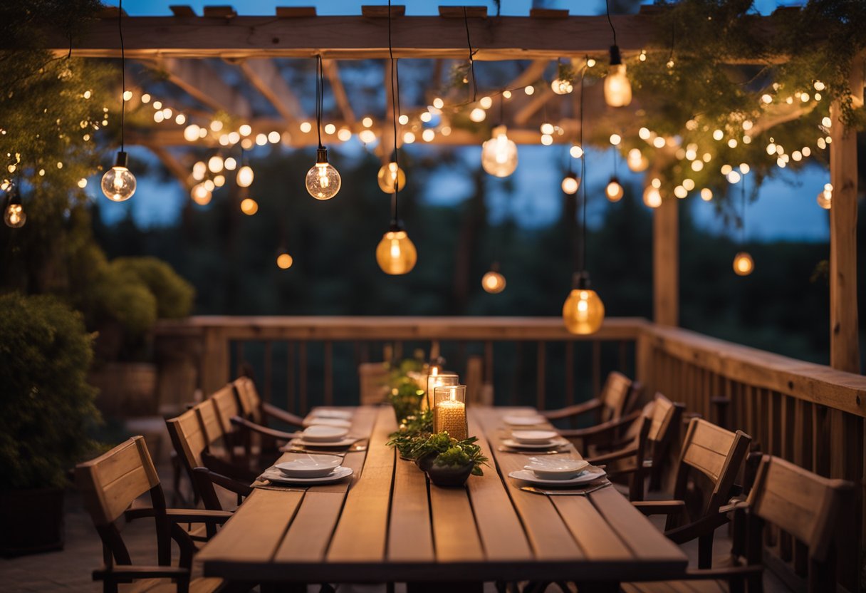 A cozy patio with string lights draped above, lanterns hanging from the pergola, candles flickering on the tables, and a fire pit casting a warm glow