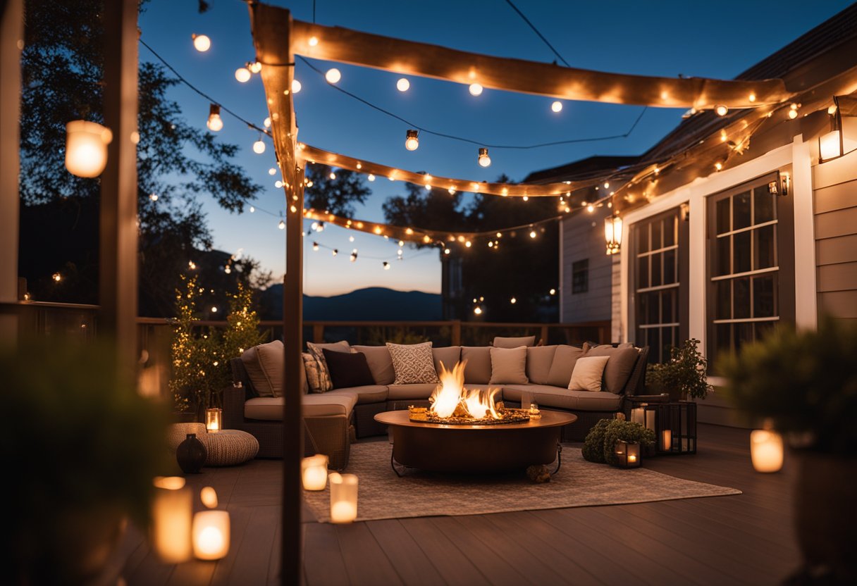 A cozy patio with string lights draped overhead, lanterns casting a warm glow, candles flickering on tabletops, and a fire pit radiating a soft, inviting light