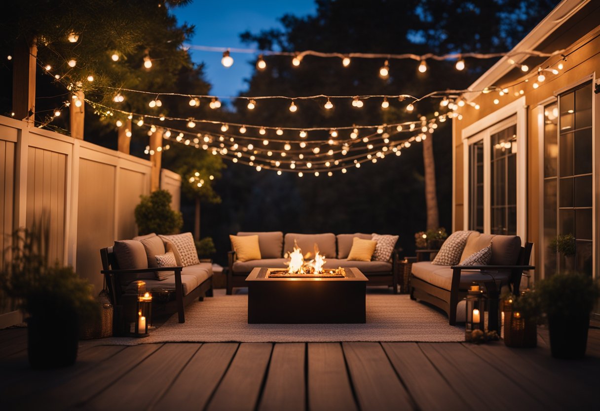 A cozy patio with string lights draped overhead, lanterns casting a warm glow, candles flickering on the table, and a fire pit crackling in the corner