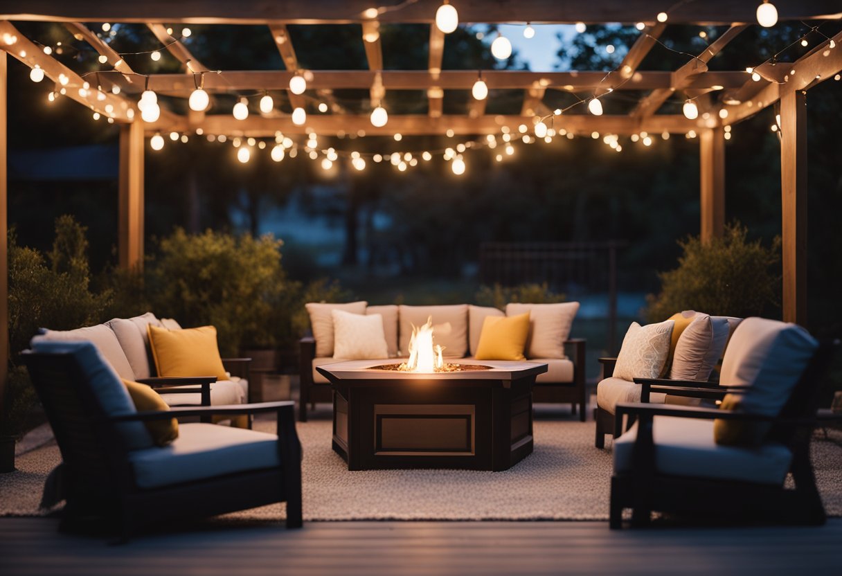 A cozy outdoor patio with string lights draped overhead, lanterns hanging from the pergola, LED candles on the table, and a fire pit casting a warm glow