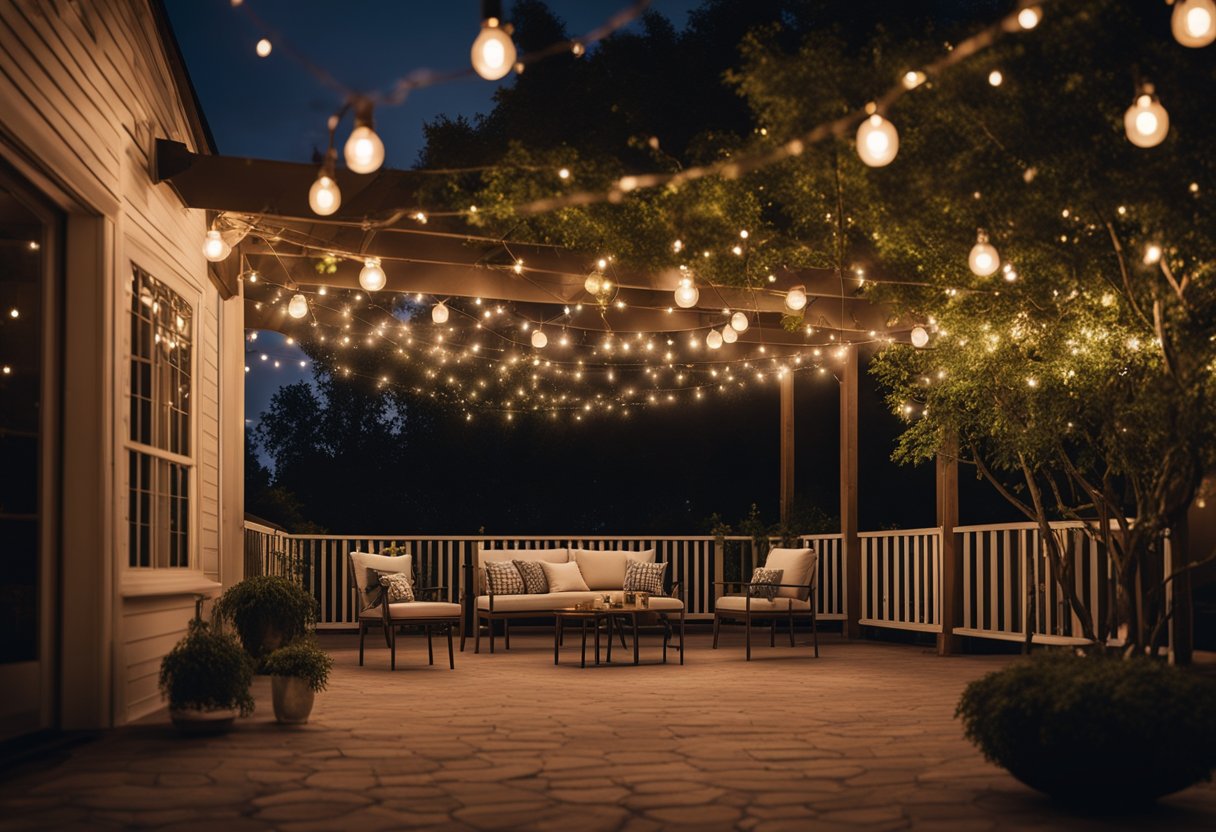 A cozy outdoor patio with string lights draped over a pergola, lanterns hanging from tree branches, and subtle uplighting highlighting the surrounding landscaping